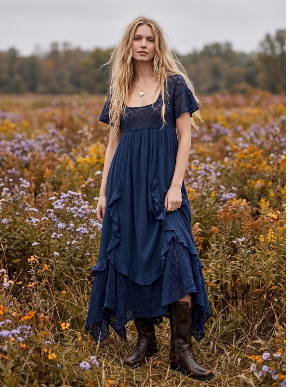 Free People Ethereal Bohemian Bring The Romance Maxi Dress Midnight Blue Medium
